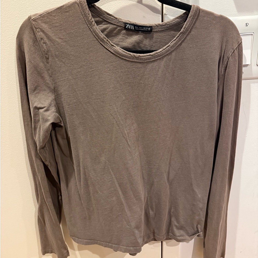 Zara Women's Long-Sleeve Crewneck Top - Taupe Brown